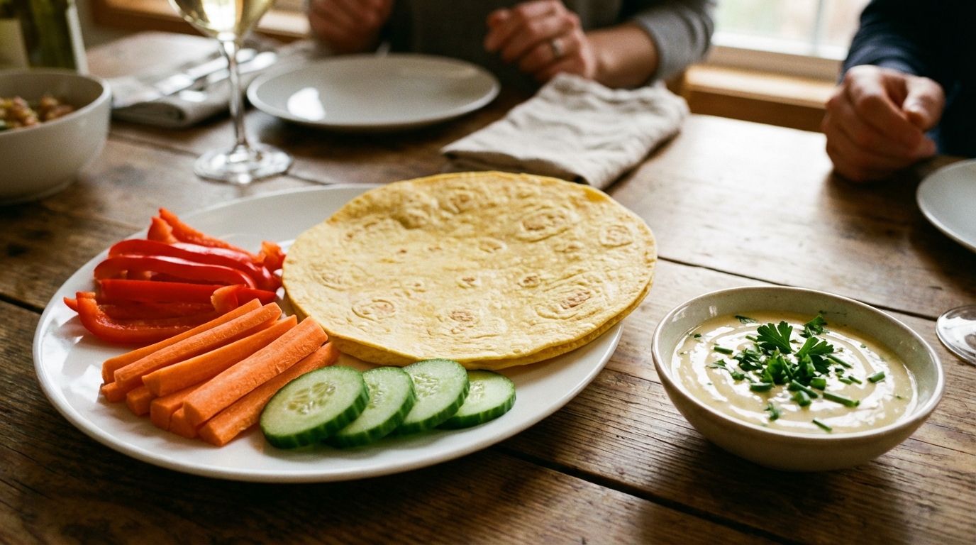 découvrez le secret irrésistible de mon apéro : une tortilla savoureuse accompagnée de trois crudités colorées et une sauce fraîche qui séduit à coup sûr tous vos invités.