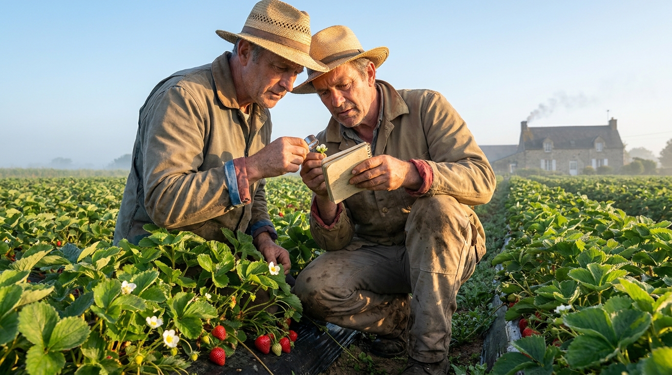 découvrez comment mon oncle utilise un secret étonnant dès l'apparition de la fleur blanche pour tripler la récolte de fraises et maximiser ses rendements.