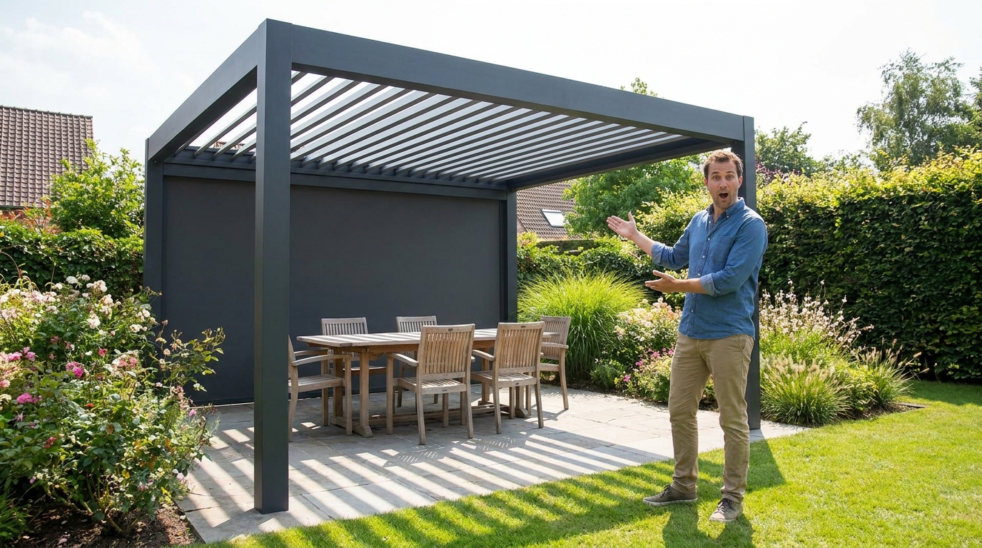 découvrez cette pergola bioclimatique castorama à moitié prix, si réaliste que même votre voisin pensera que c'est une vraie construction.