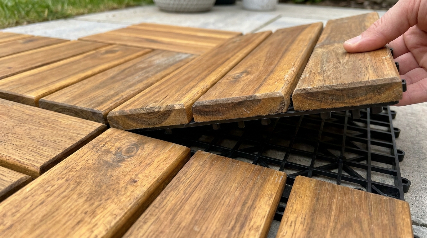 découvrez comment mon voisin a transformé son balcon en une heure avec des dalles action à petit prix, offrant un effet teck naturel et élégant. une rénovation rapide et économique à ne pas manquer !