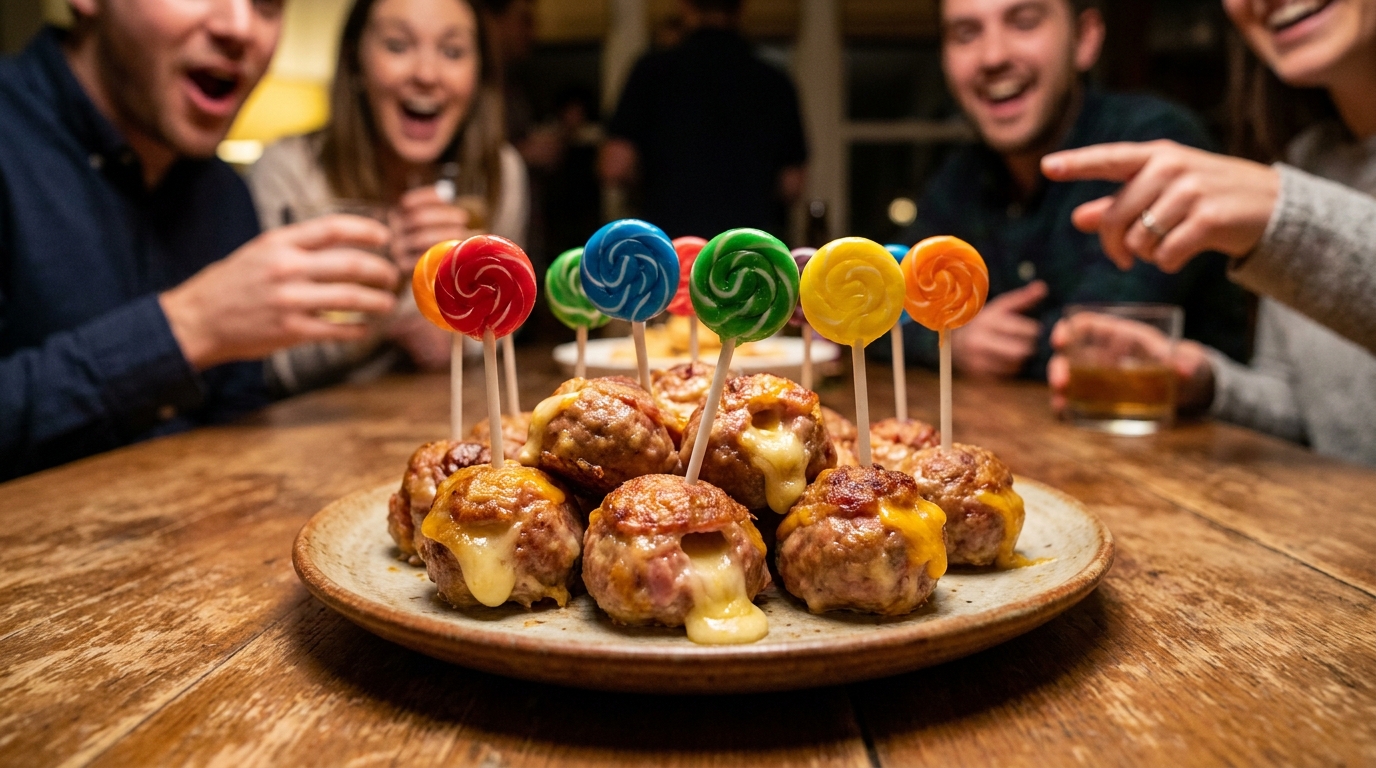 découvrez comment des bâtonnets de sucette ajoutés à des boulettes jambon-fromage ont créé une surprise gourmande qui a émerveillé mes invités toute la soirée.