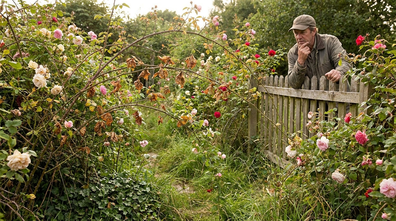 découvrez l'histoire d'un jardinier contemplant ses rosiers en fleurs sans intervenir pendant des années, jusqu'au jour où un voisin, intrigué par leurs tiges, l'interroge sur la négligence apparente qui les faisait dépérir doucement.
