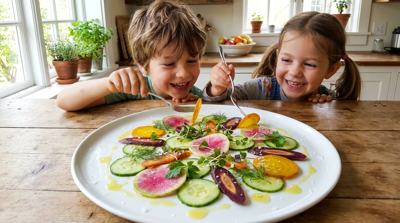 découvrez un carpaccio frais et croquant qui transforme les légumes crus en un délice que vos enfants adoreront, les faisant finir leur assiette avant vous !