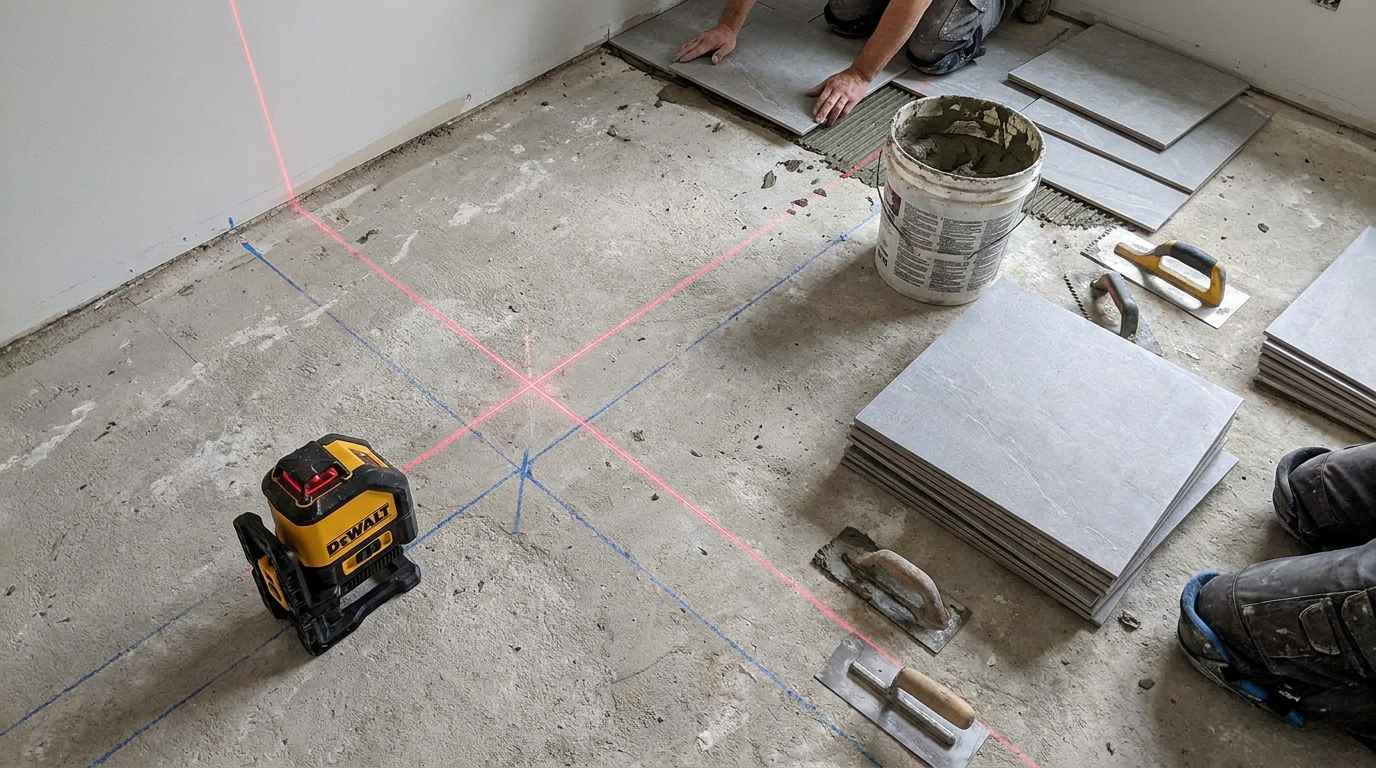 découvrez comment poser votre carrelage à l’œil grâce à l'observation du tracé au sol de mon voisin, qui explique l'origine de mes joints en biais et m'a permis d'améliorer ma technique.