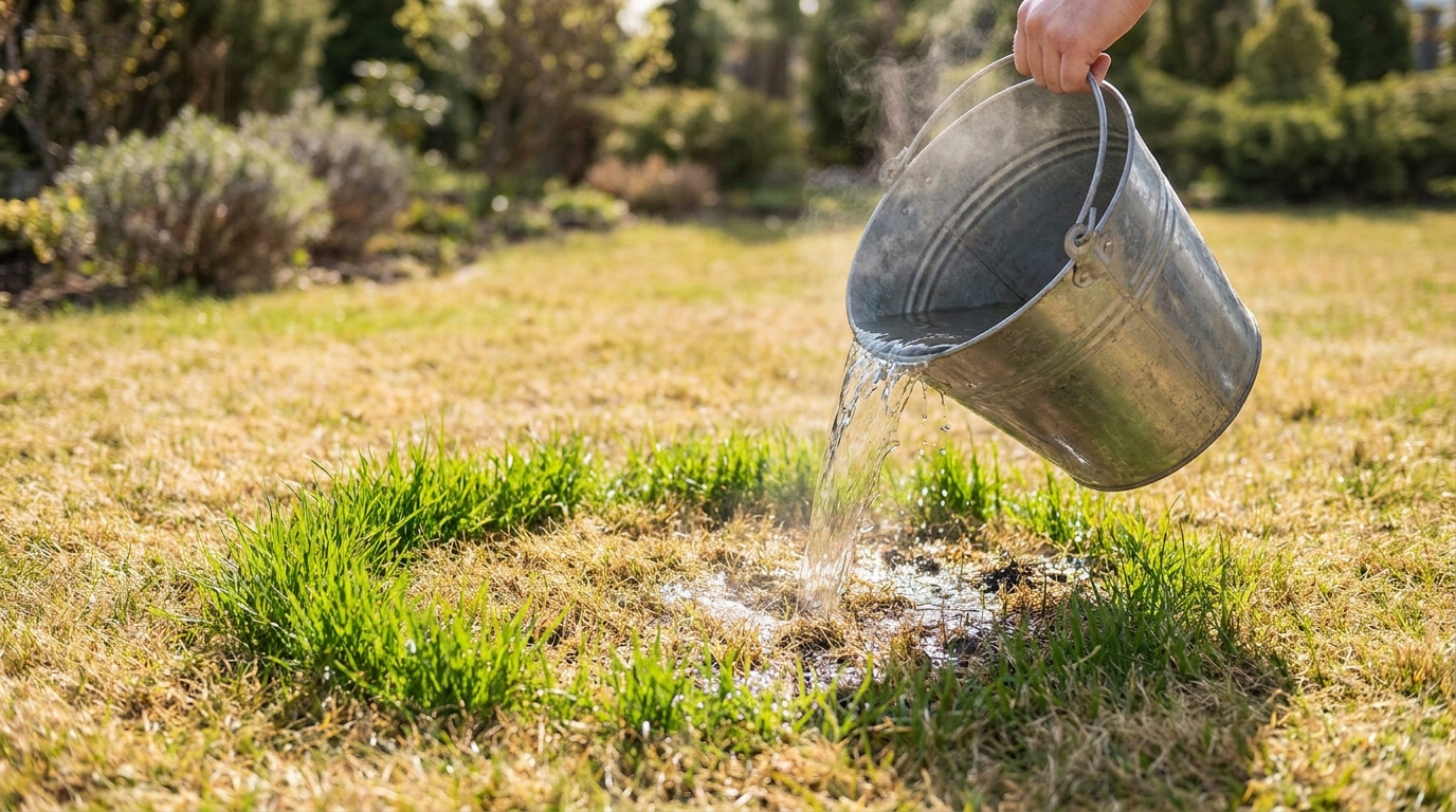 versez un seau d’eau tiède sur votre pelouse et découvrez une transformation surprenante en seulement 5 minutes. astuce simple et efficace pour revitaliser votre gazon rapidement.