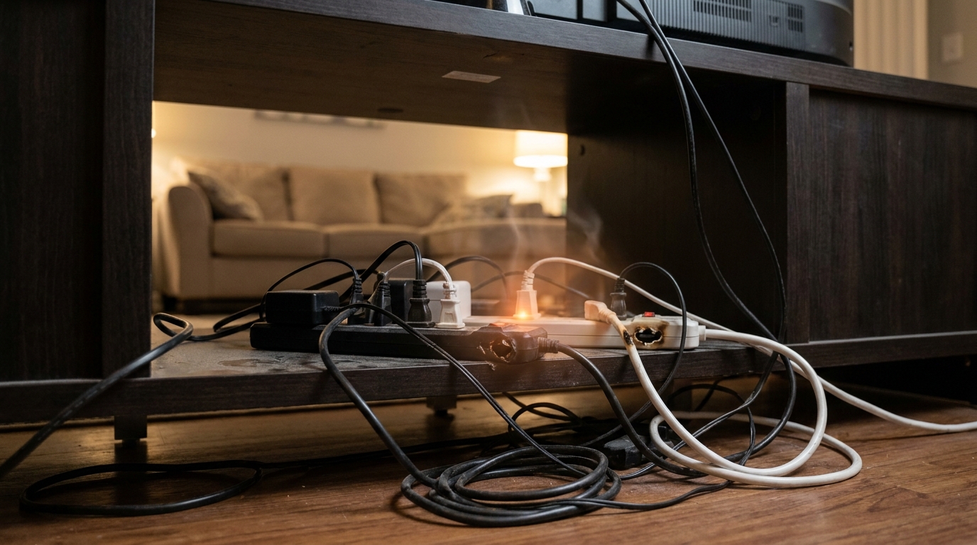 découvrez les risques méconnus et invisibles liés à l'utilisation en chaîne des multiprises derrière votre meuble tv, et apprenez comment protéger votre installation électrique et votre sécurité.