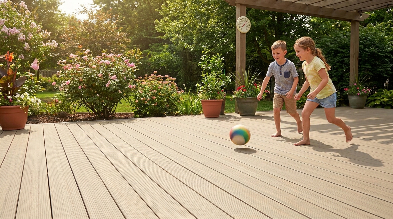 découvrez comment le changement de teinte des lames de terrasse a amélioré les étés de mes voisins, permettant aux enfants de jouer pieds nus sans douleur et profitant pleinement du soleil.