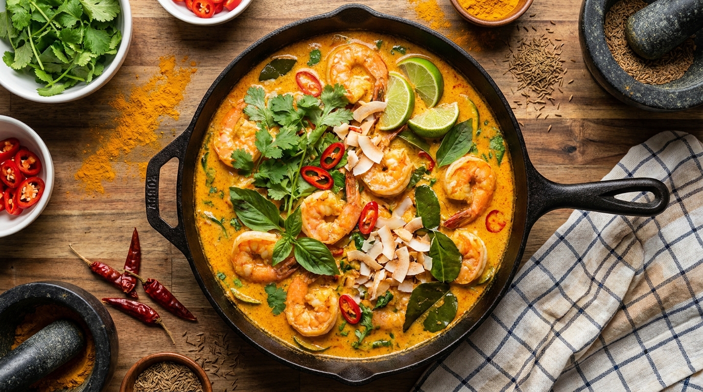 découvrez notre curry de crevettes au lait de coco, un plat exotique savoureux prêt en seulement 12 minutes. rapide, économique et bien meilleur qu'un kebab, parfait pour un repas gourmand et facile.
