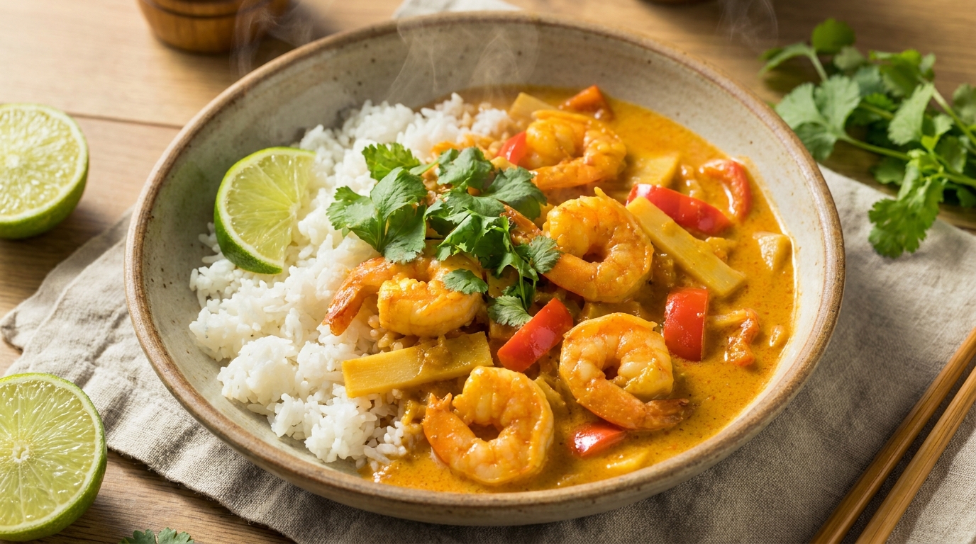 découvrez notre curry de crevettes au lait de coco, un plat exotique savoureux prêt en seulement 12 minutes, plus rapide et économique qu’un kebab. parfait pour un repas gourmand et express !