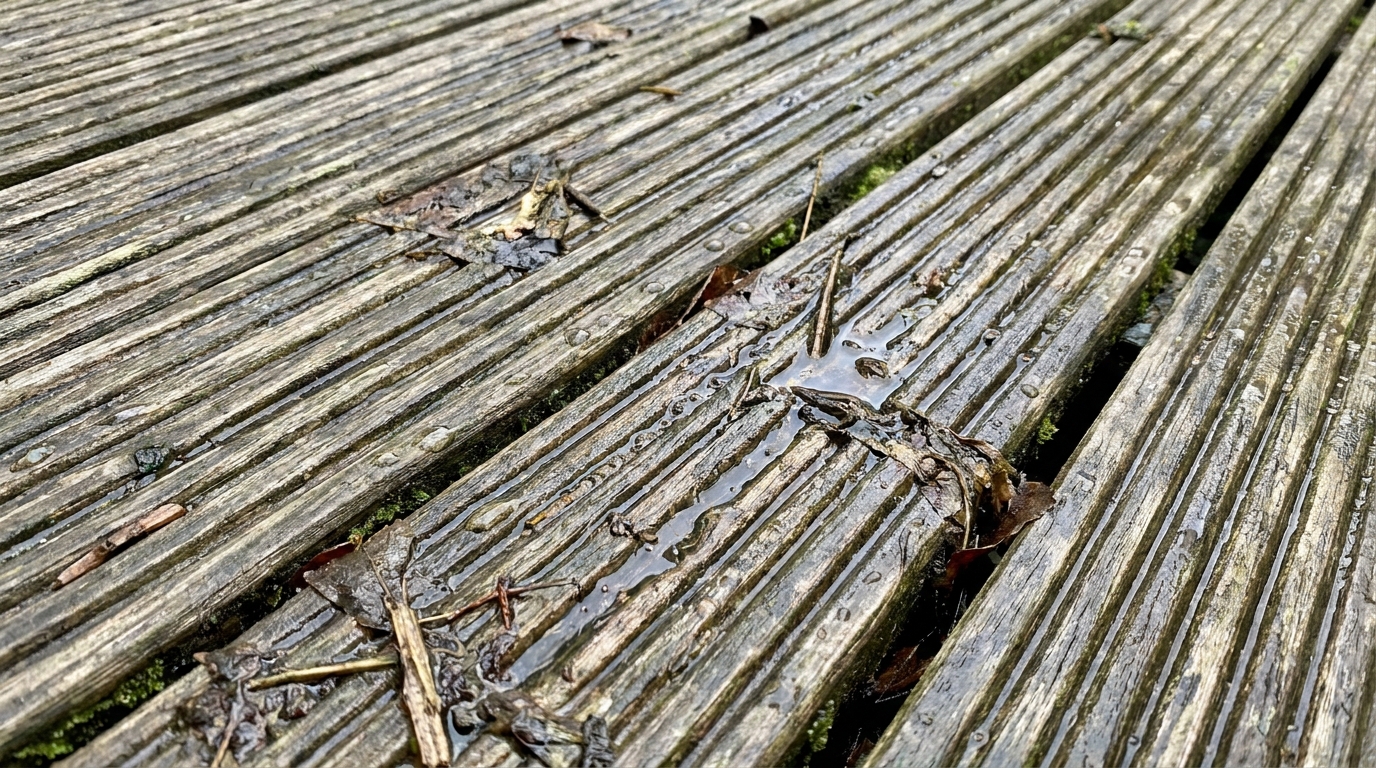 découvrez pourquoi votre terrasse en bois grise devient glissante au bout de deux ans et comment les rainures retiennent l'humidité après chaque pluie, impactant la sécurité et l'entretien de votre espace extérieur.
