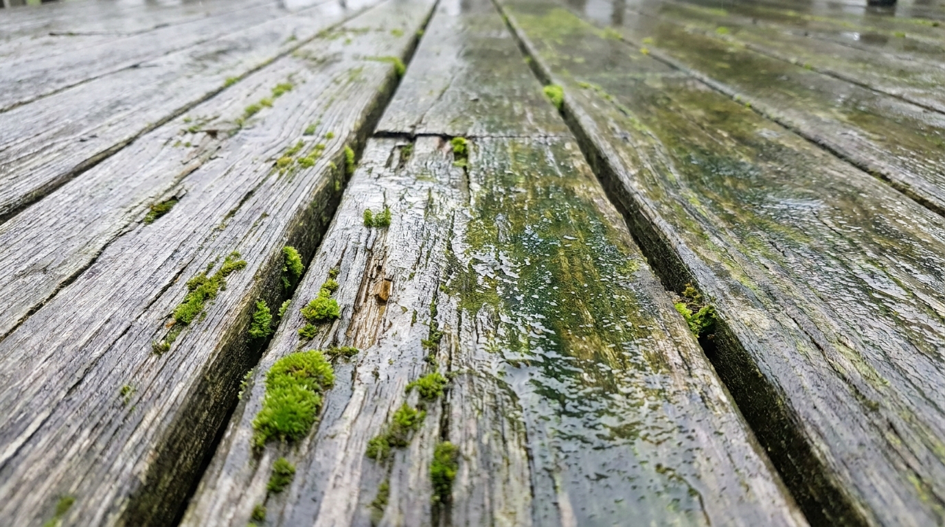découvrez pourquoi votre terrasse en bois grise devient glissante après deux ans, avec l'explication du rôle méconnu des rainures qui retiennent l'humidité après chaque pluie, et apprenez comment y remédier pour préserver votre sécurité.