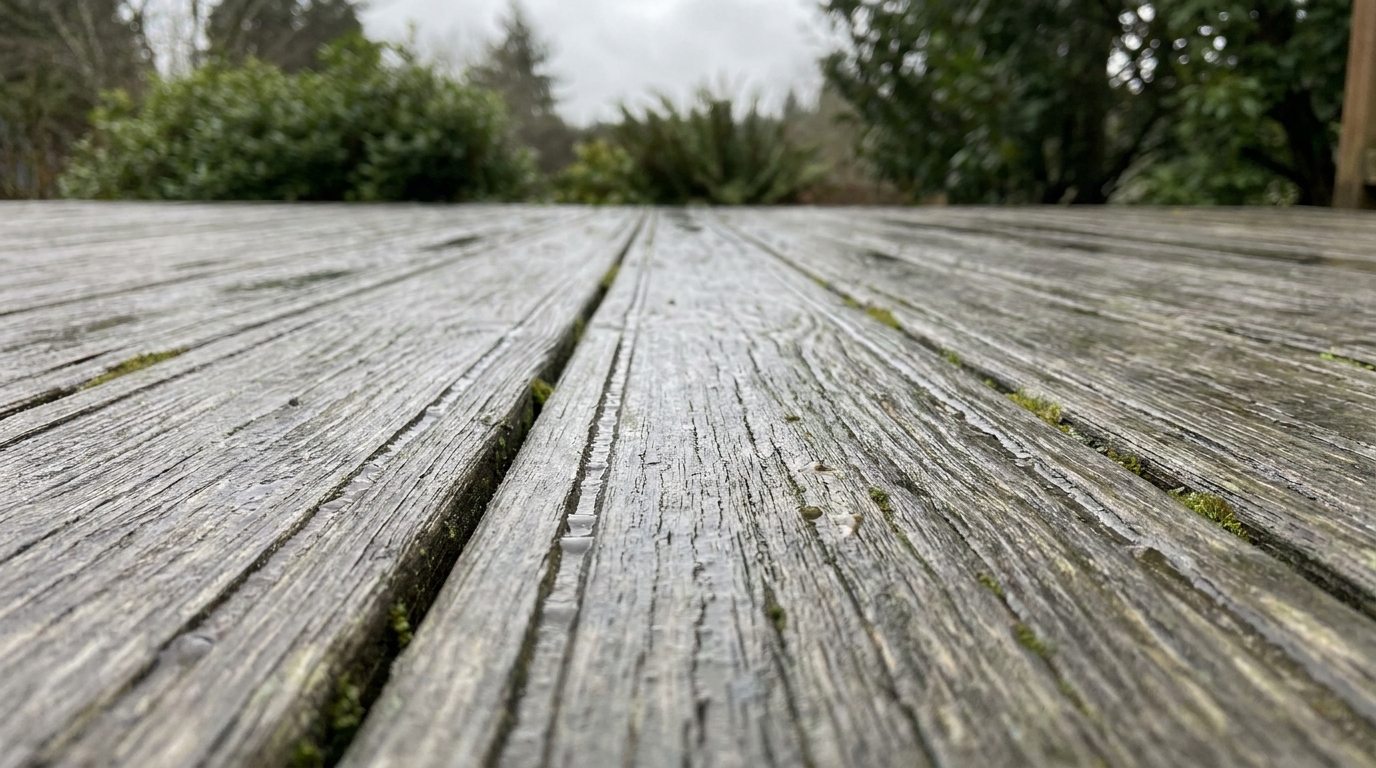 découvrez pourquoi votre terrasse en bois grise devient glissante après deux ans et comment les rainures retiennent l'humidité après chaque pluie, impactant la sécurité et l'entretien.