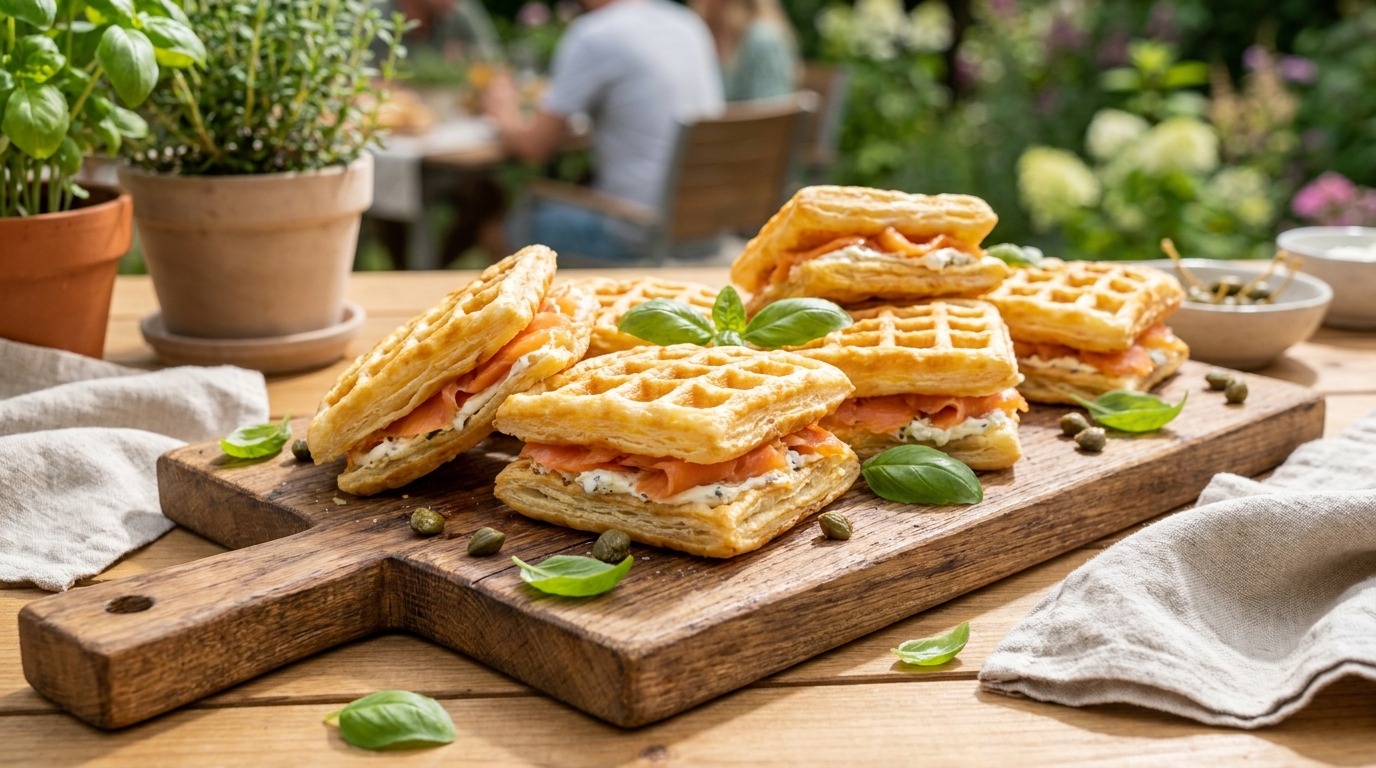 découvrez nos gaufres feuilletées au saumon, un plat savoureux prêt en moins de 3 minutes. profitez d'une recette rapide et gourmande sans passer des heures en cuisine !