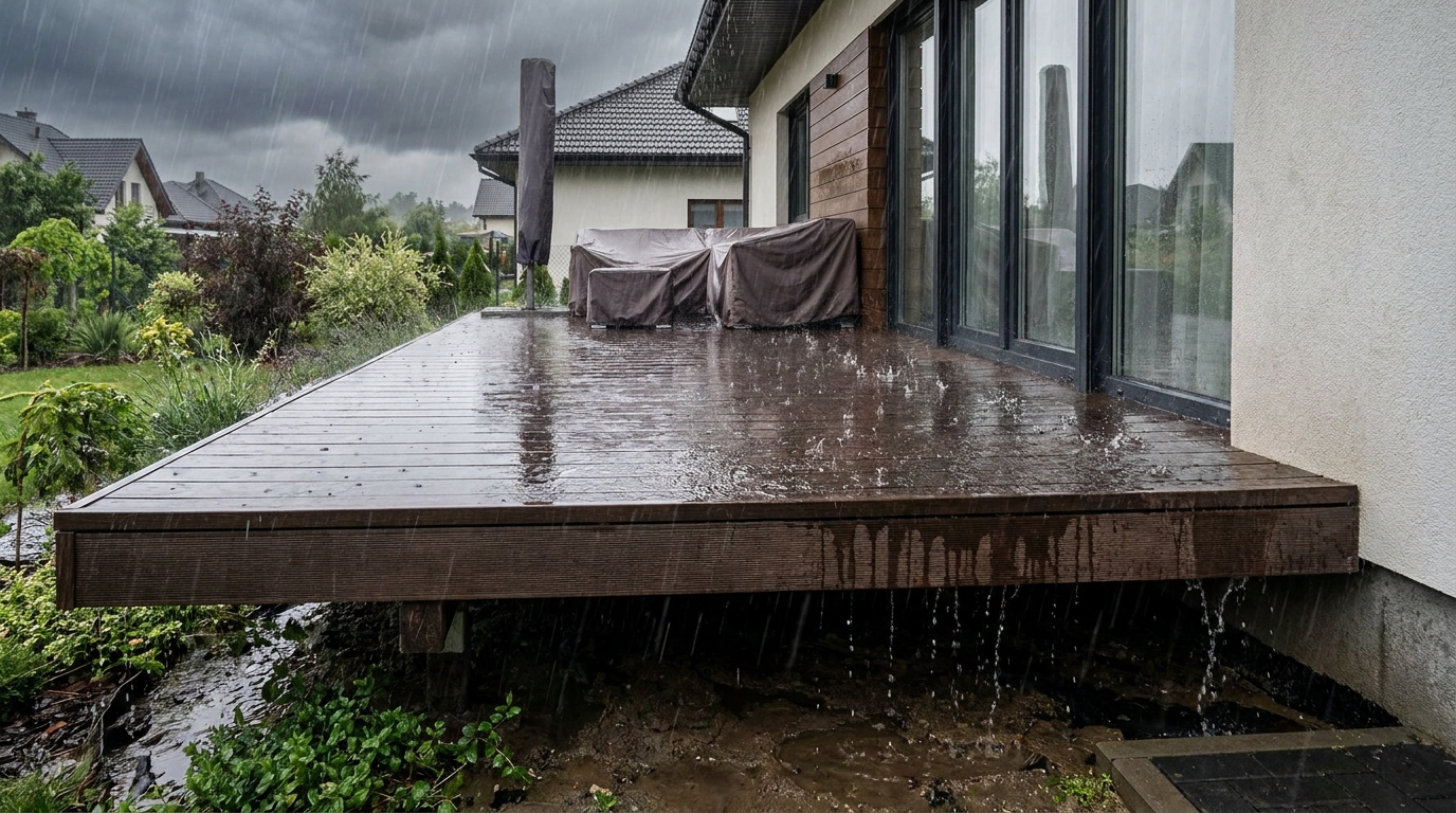 il surélève sa terrasse pour supprimer la marche d'accès, mais lors du premier orage important, l'eau pénètre par la zone recouverte, causant des infiltrations inattendues.