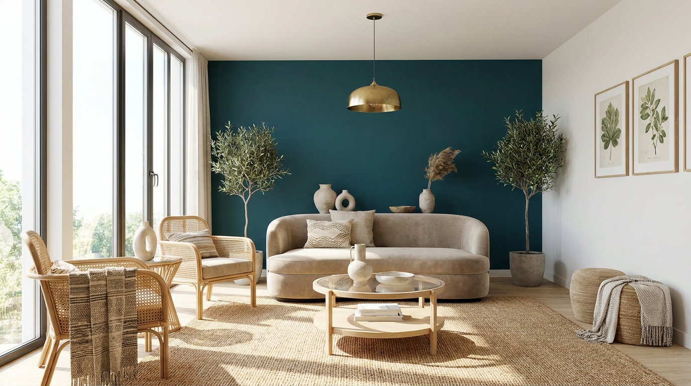 découvrez les tendances déco de l'été 2024 : dites adieu au vert sauge et optez pour des teintes plus intenses afin de créer un salon à la fois apaisant et sophistiqué.