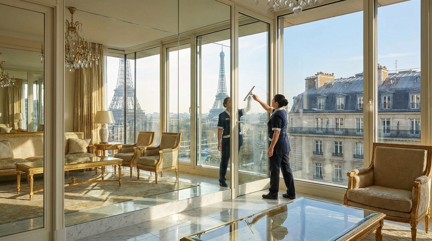 découvrez pourquoi les grands palaces utilisent des méthodes simples et économiques à moins d'1 € pour des vitres impeccables sans aucune trace, sans dépenser en sprays coûteux.